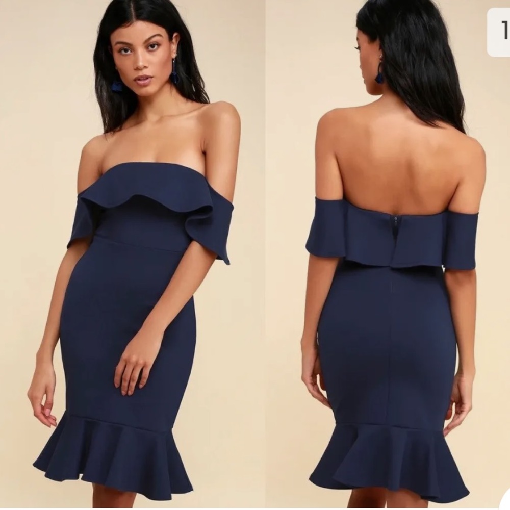 Lulus Navy Blue Confidence Boost Off The Shoulder Bodycon Midi Dress, Size Small